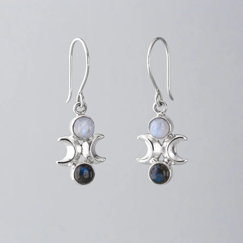 Nick Von K - Moon Phase Earrings in Sterling Silver with Labradorite and Rainbow Moonstone