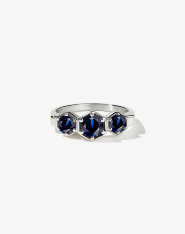 Meadowlark - 3 Hexagon Stone Ring Sterling Silver Blue Sapphire