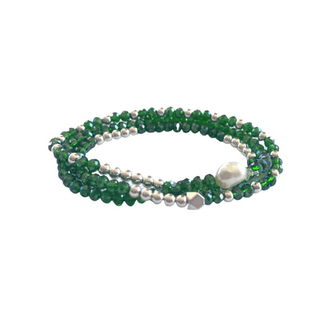 Lindi Kingi - Beaded Bracelet Set Emerald, Silver & Pearl