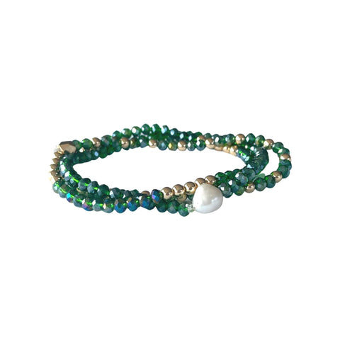 Lindi Kingi - Beaded Bracelet Set Emerald, Gold & Pearl
