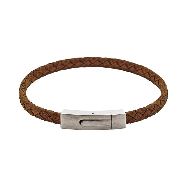 Cudworth - Braided Suede & Steel Calabria Bracelet, 21.5cm x 6mm, Tan