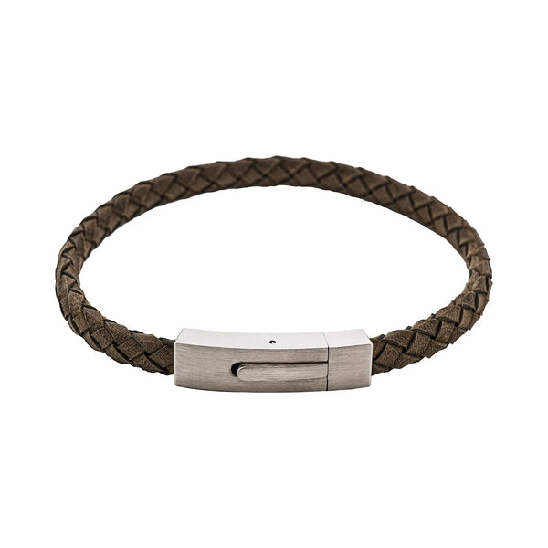 Cudworth - Braided Suede & Steel Calabria Bracelet, 21.5cm x 6mm, Flint