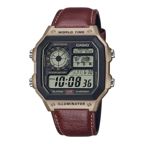 Casio - Digital Gadget Inspired Brown Leather Band Watch