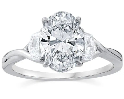 BWJ - 9ct White Gold Certificated Lab Grown Diamond Solitaire With 2X Fancy Cut Lab Grown Diamond Shoulder Stones
