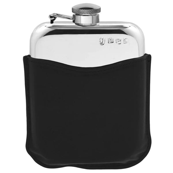 English Pewter Company - 6oz Pewter Hip Flask with Hinged Captive Top & Genuine Black Leather Pouch