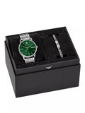 Emporio Armani - Silver Watch With Green Dial Set