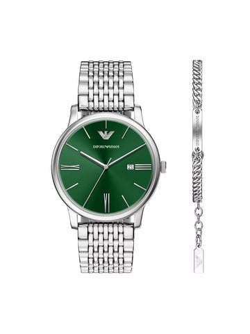 Emporio Armani - Silver Watch With Green Dial Set