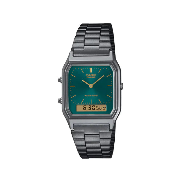 Casio - Classic Vintage Black Stainless Steel Band Green Dial Watch