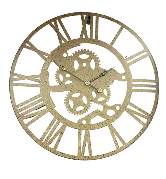 Decorative wall clock with gear design on a plain background