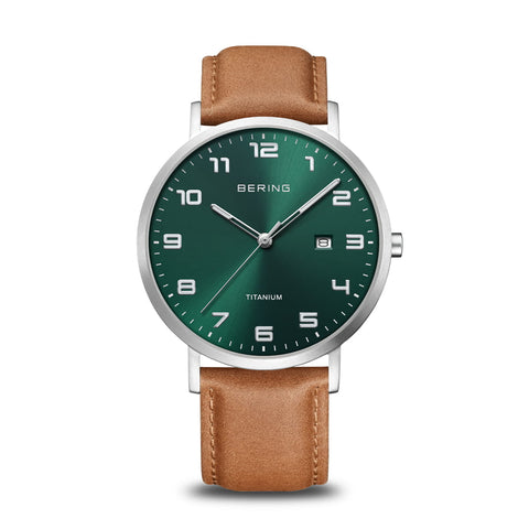 Bering - Titanium Green dial, Silver case, Tan strap watch