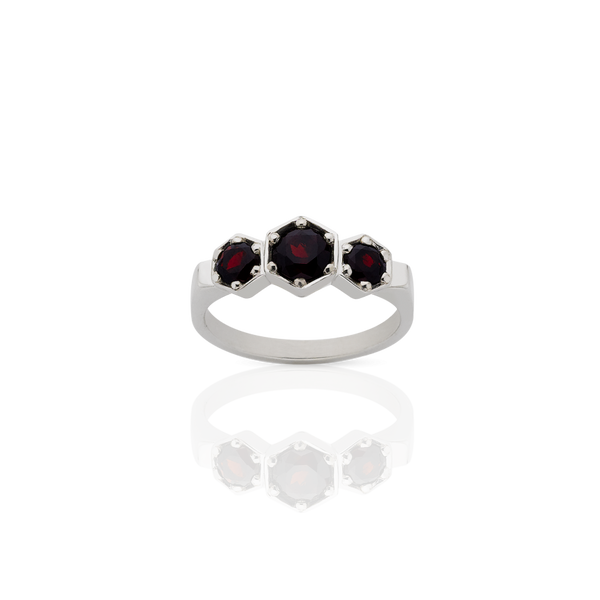 Meadowlark 3 Hexagon Stone Ring - Sterling Silver & Thai Garnet