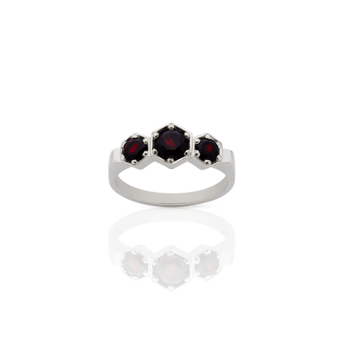 Meadowlark 3 Hexagon Stone Ring - Sterling Silver & Thai Garnet