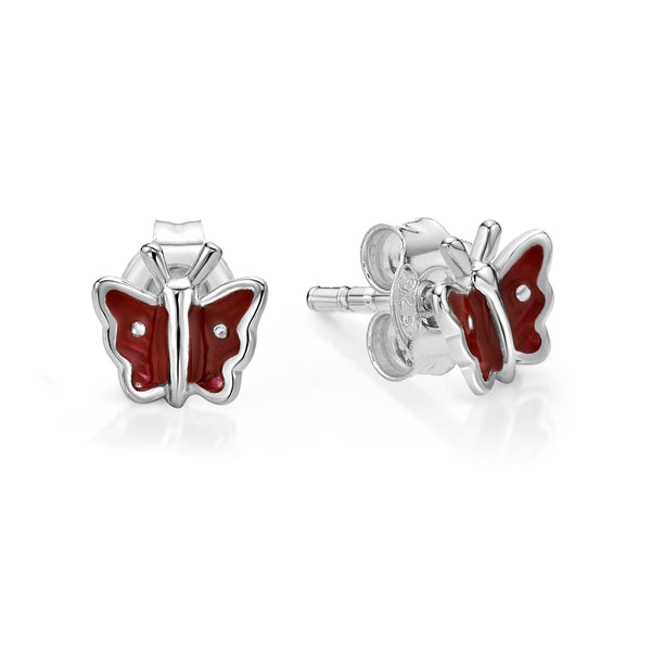 Silver Butterfly Studs - Red Inlay