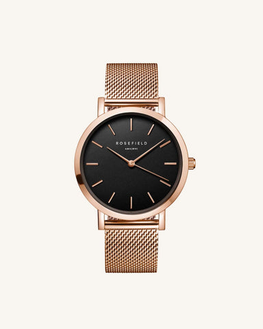 Rosefield 'The Mercer' Black Dial & Rose Gold Mesh Watch - MBR-M45