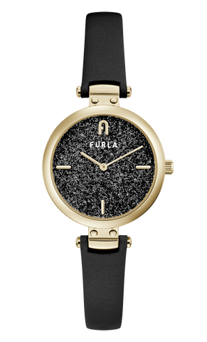 Furla - Glitter Pin Gold Black Leather Watch