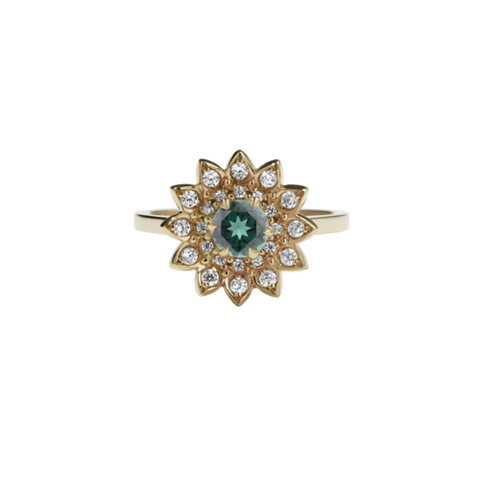 Meadowlark Dahlia Engagement Ring - 9ct Yellow Gold, Green Sapphire & White Diamond