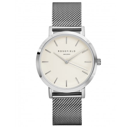 Rosefield 'The Mercer' White Dial & Silver Mesh Watch - MWS-M40